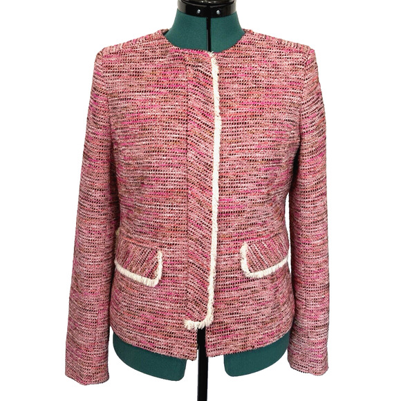 HELENE‎ BERMAN London Pink Tweed Fringe Zip Up Blazer Jacket Women's Size Medium - Picture 1 of 9